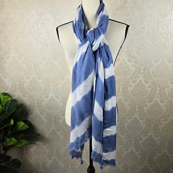 Mud Pie Oblong Blue White Tie Dye Scarf Pompom Fringed Ends - Picture 6 of 9